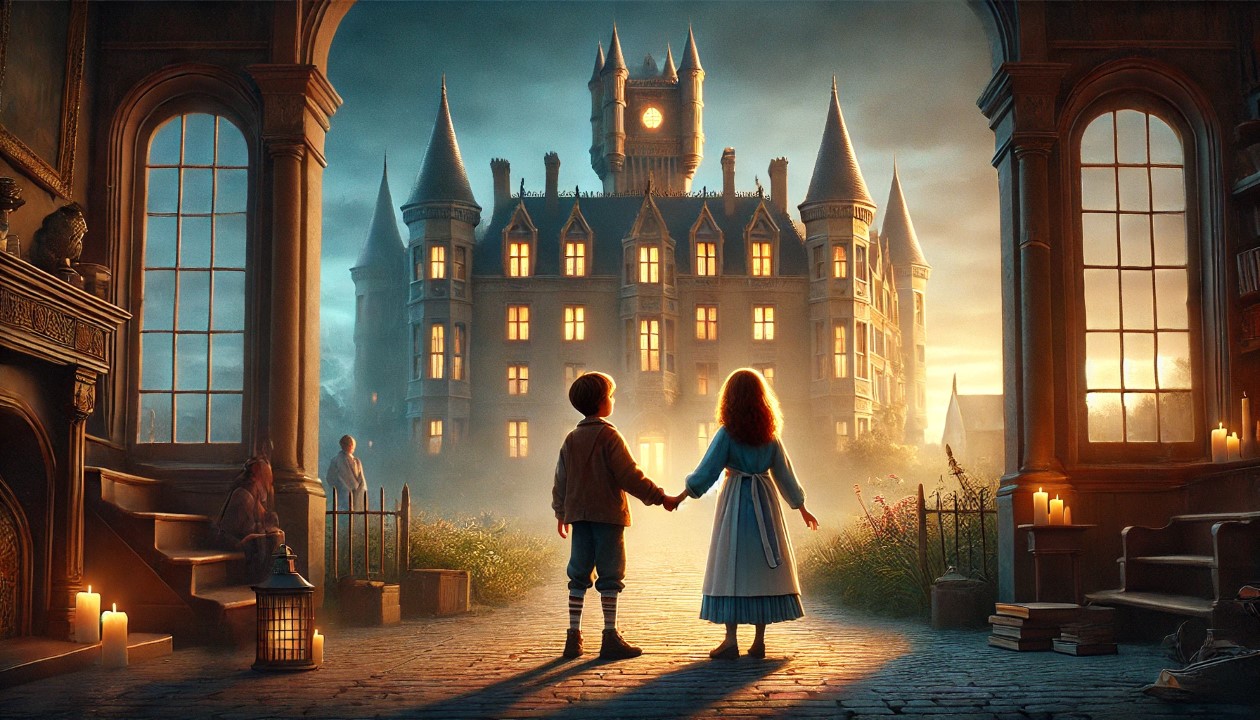 Emma et Léo se tiennent à la sortie du château, regardant en arrière avec un sentiment d’accomplissement. Le château brille doucement dans le brouillard.