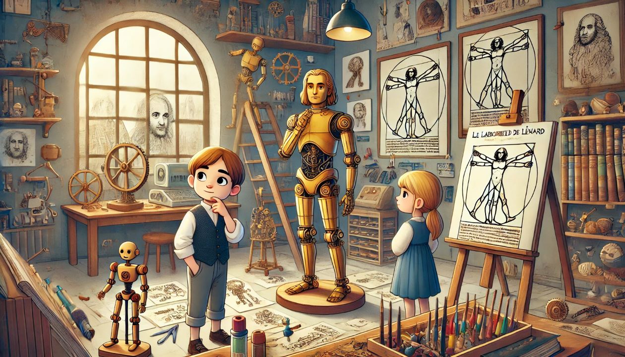 Emma et Léo se tiennent dans un atelier rempli de croquis, de modèles et d’inventions signés Léonard de Vinci. Un automate ressemblant à l’Homme de Vitruve s’anime, montrant des mécanismes fascinants