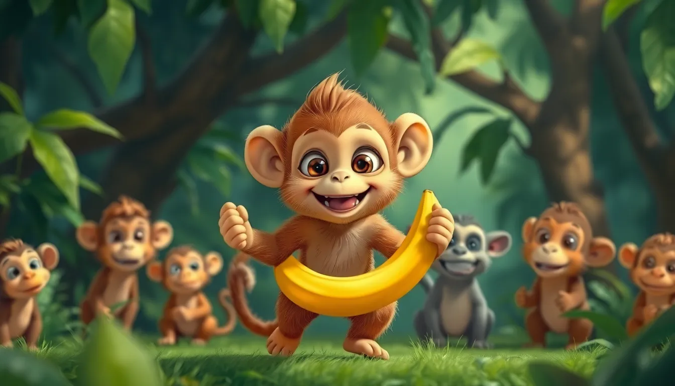 Chipo le petit singe revenant à la maison avec ses amis et des bananes.