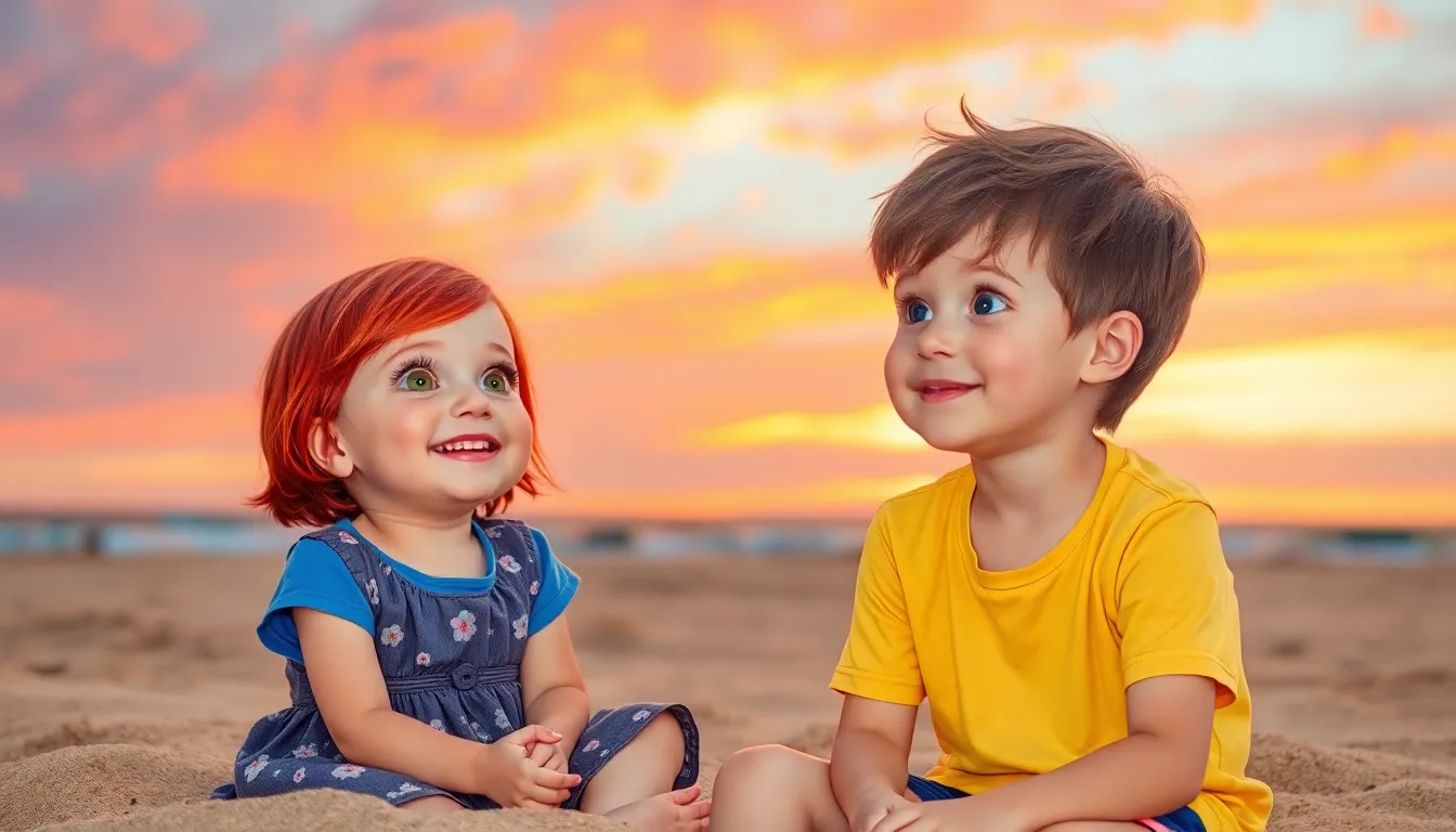 Illustration d'un coucher de soleil de rêve avec Sophie et Max au bord de la plage