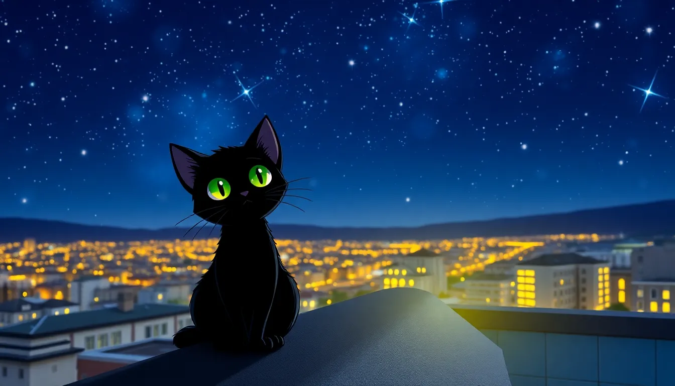 Nino, le chat noir sous un ciel étoilé.