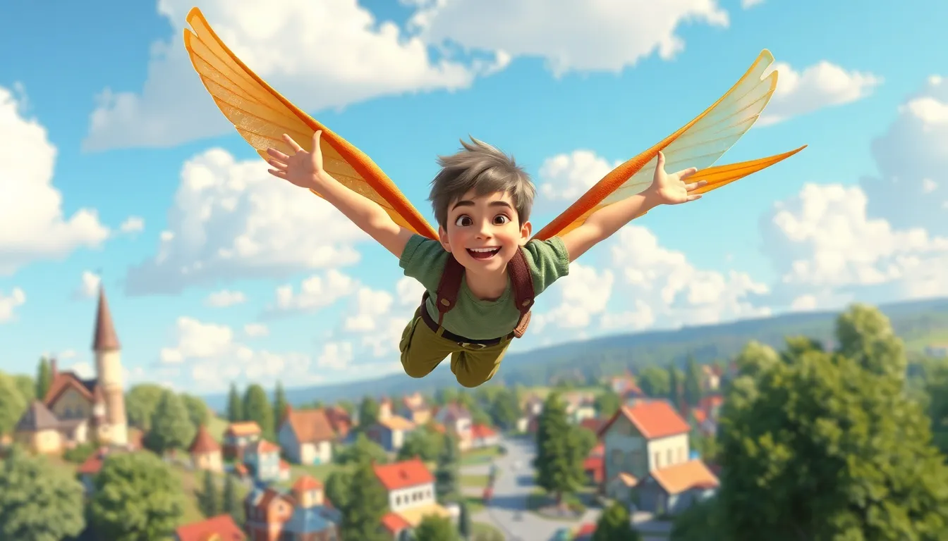 Lucas s'envolant dans le ciel avec des ailes magnifiques.