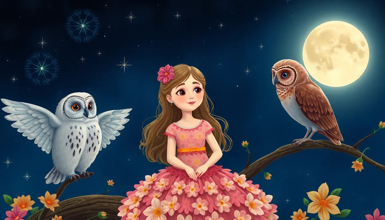 Lila et le hibou sage dans la nuit étoilée