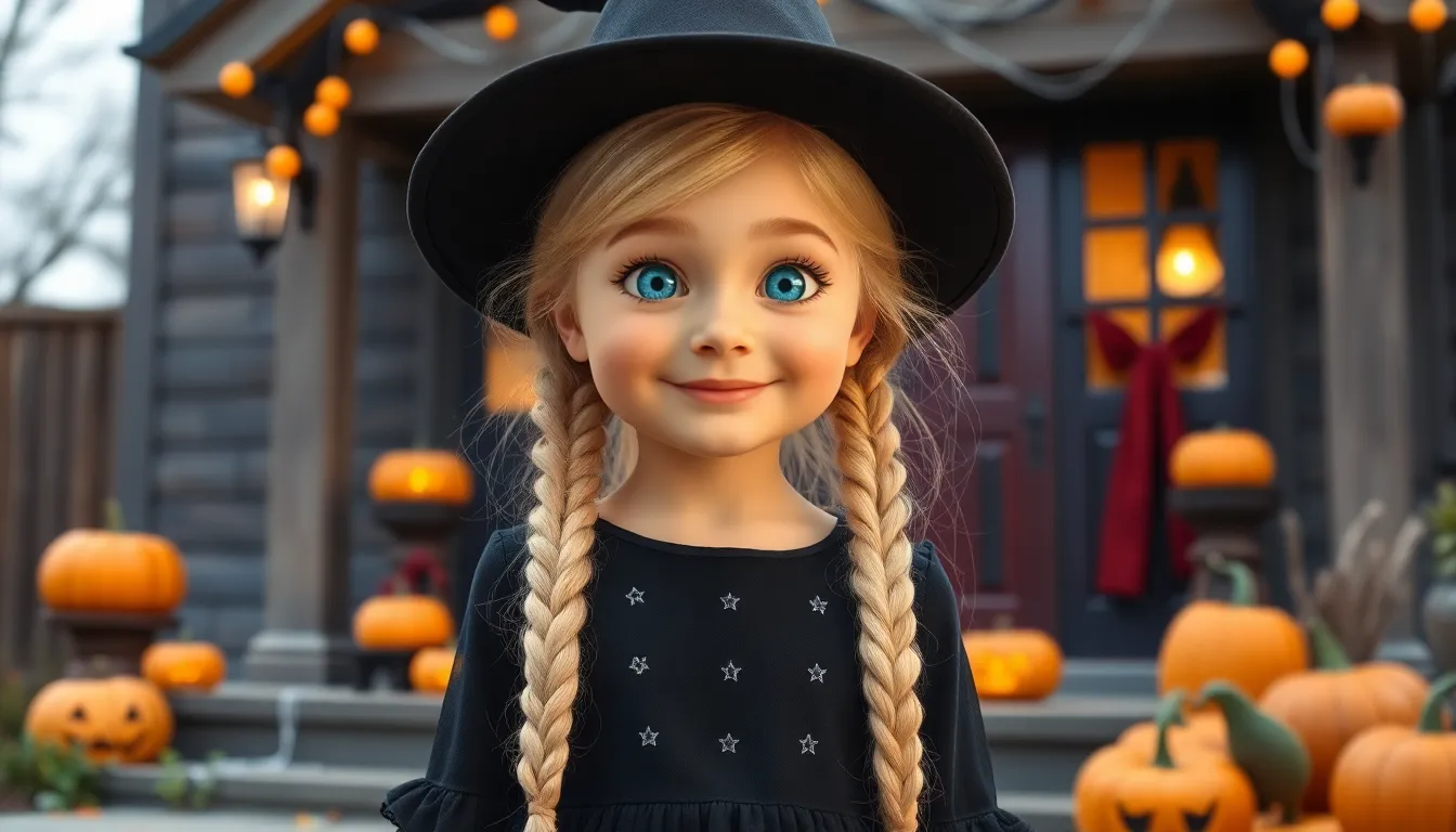 Coco prête pour Halloween avec sa robe noire et son chapeau de sorcière.