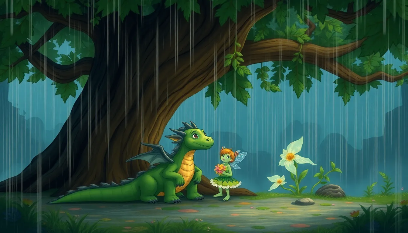 Doran et Flora sous un grand arbre pendant l'orage