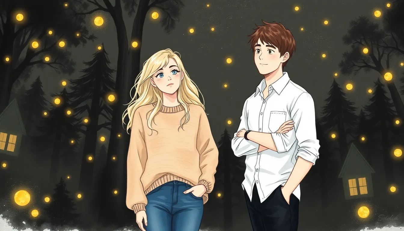 Illustration des lucioles illuminant la nuit dans un petit village paisible