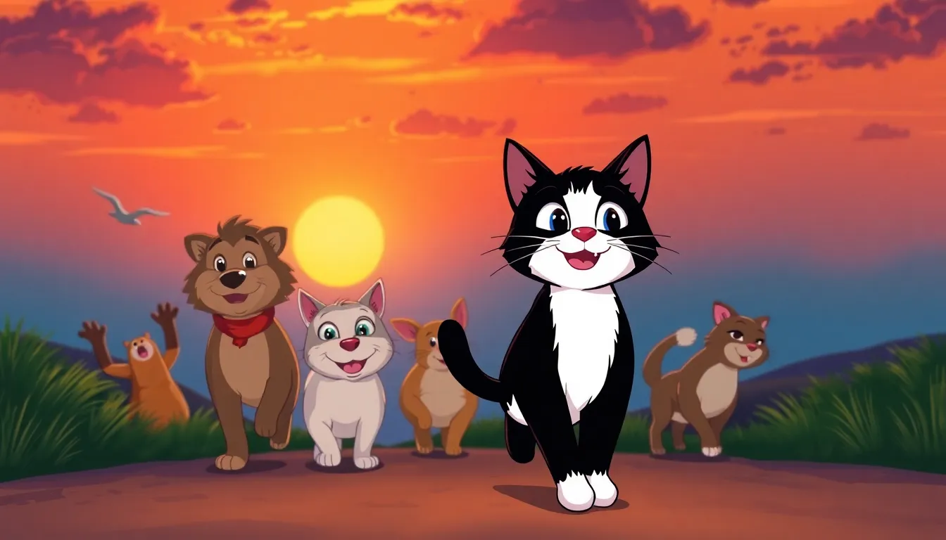 Max rentrant chez lui avec ses amis sous un ciel de coucher de soleil