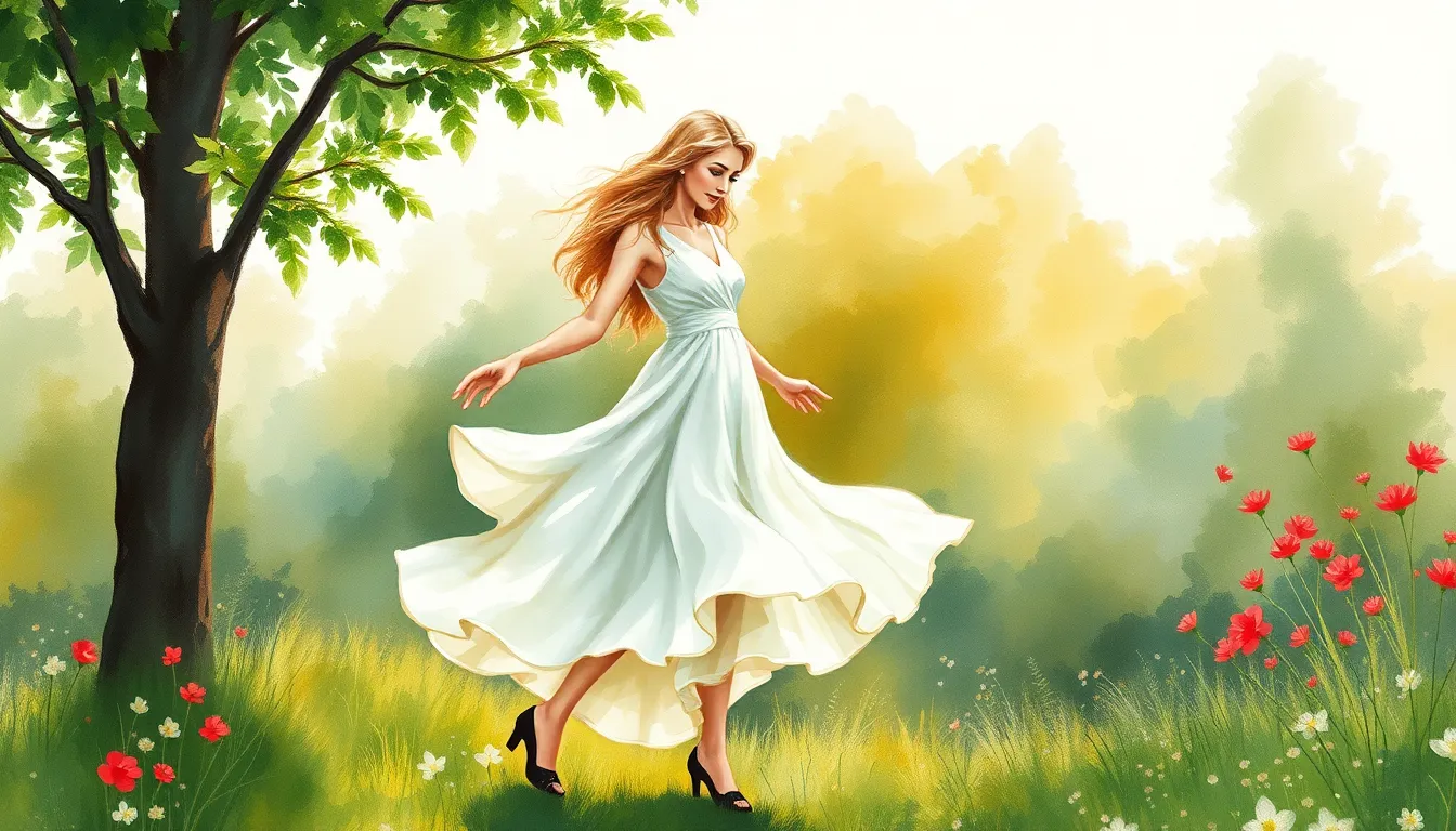 Élise dansant parmi les saisons, robe blanche parsemée de couleurs naturelles