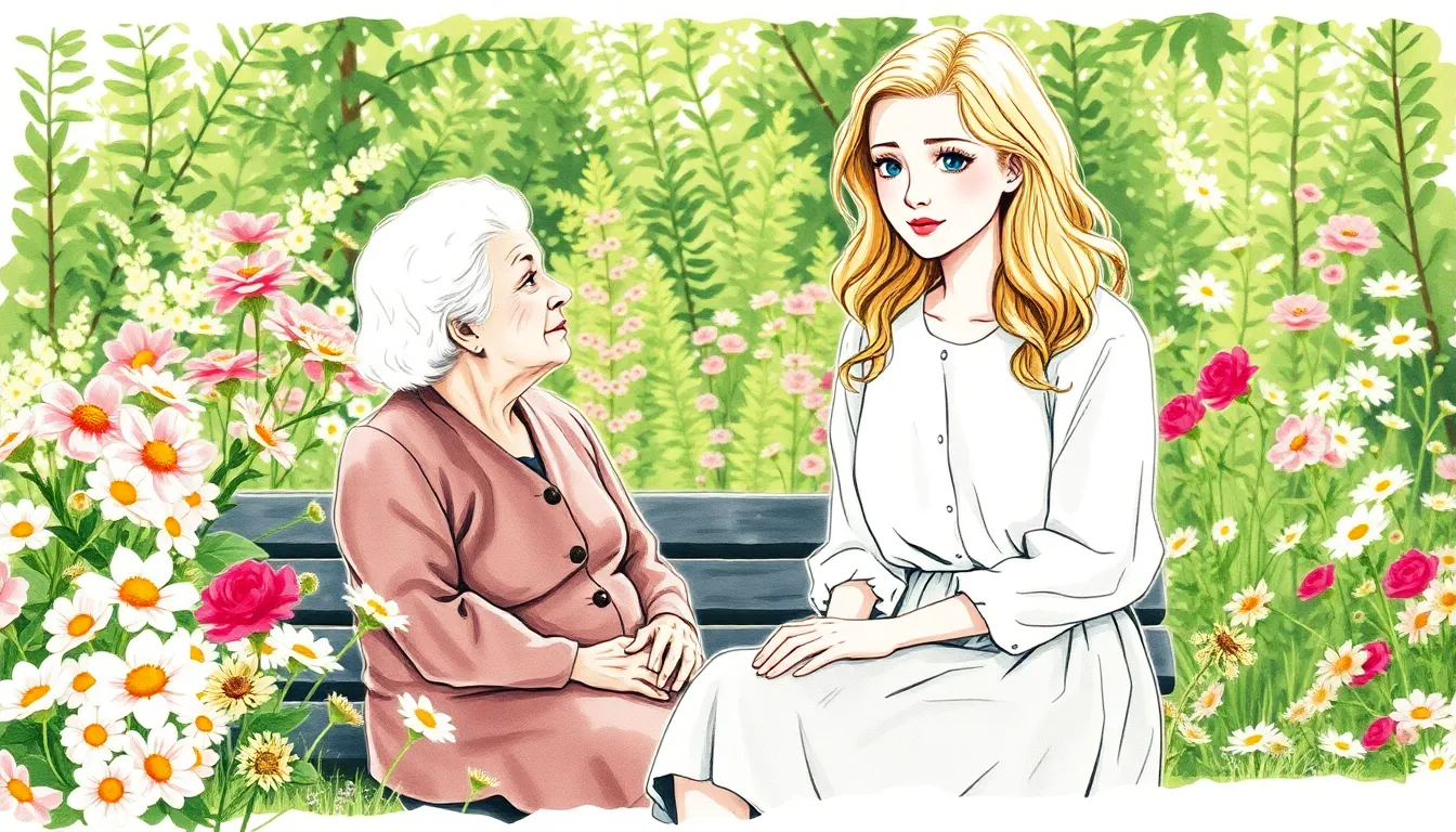 Clara dans un jardin fleuri aux côtés de sa grand-mère