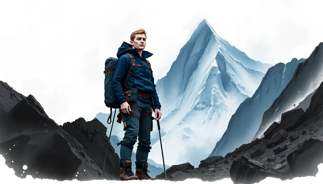 Antoine au pied de la montagne, silhouette déterminée face au sommet envahi de brouillard