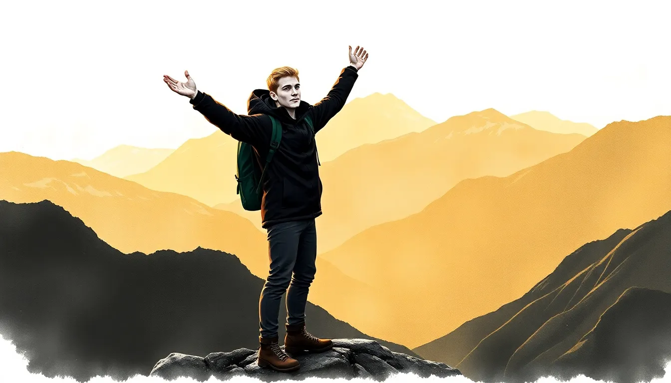 Antoine atteint le sommet, contemplant les montagnes majestueuses
