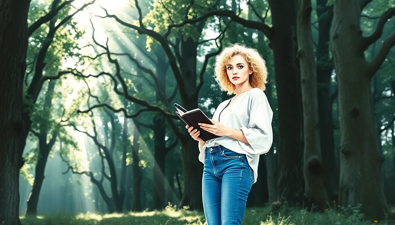 Éloïse, poétesse, dans la nature, vêtue d'une blouse blanche et d'un jean, contemplant la souffrance du monde
