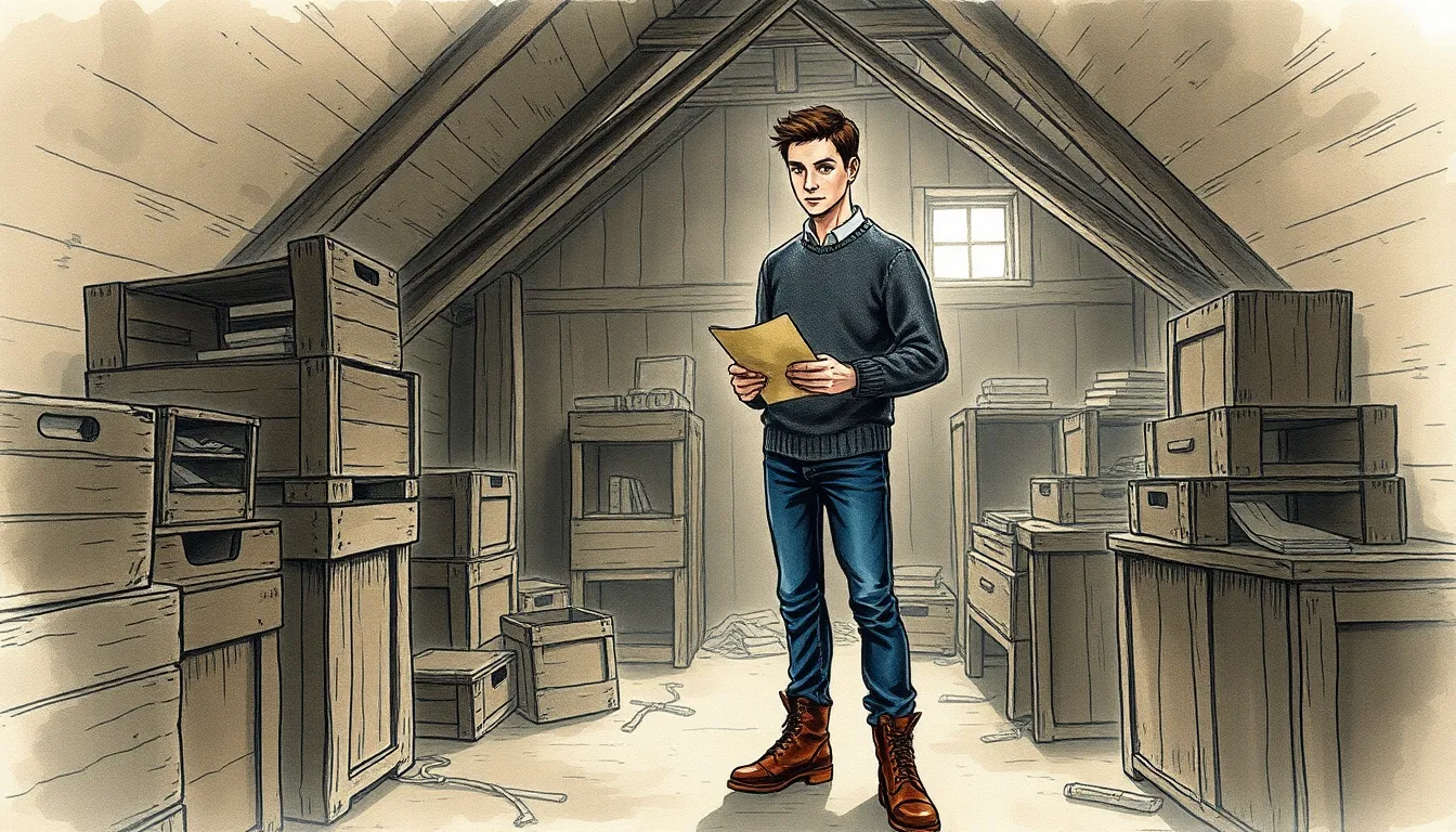 Illustration du grenier ancien avec des malles et livres anciens