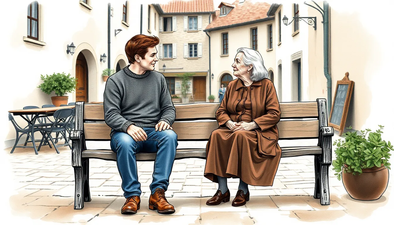 Illustration de la rencontre entre Marc et Hélène, femme âgée aux traits empreints de sagesse