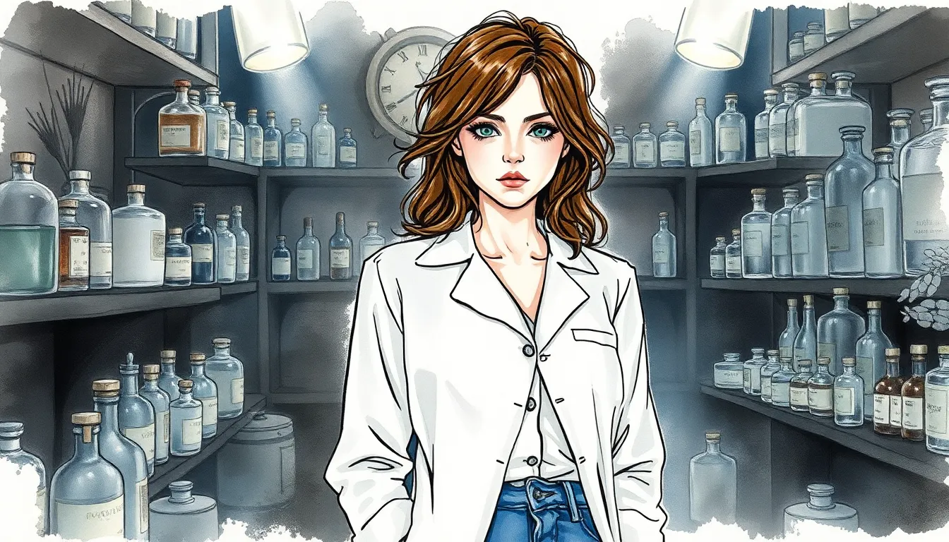 Illustration de Claire dans son atelier, entourée de flacons de parfums