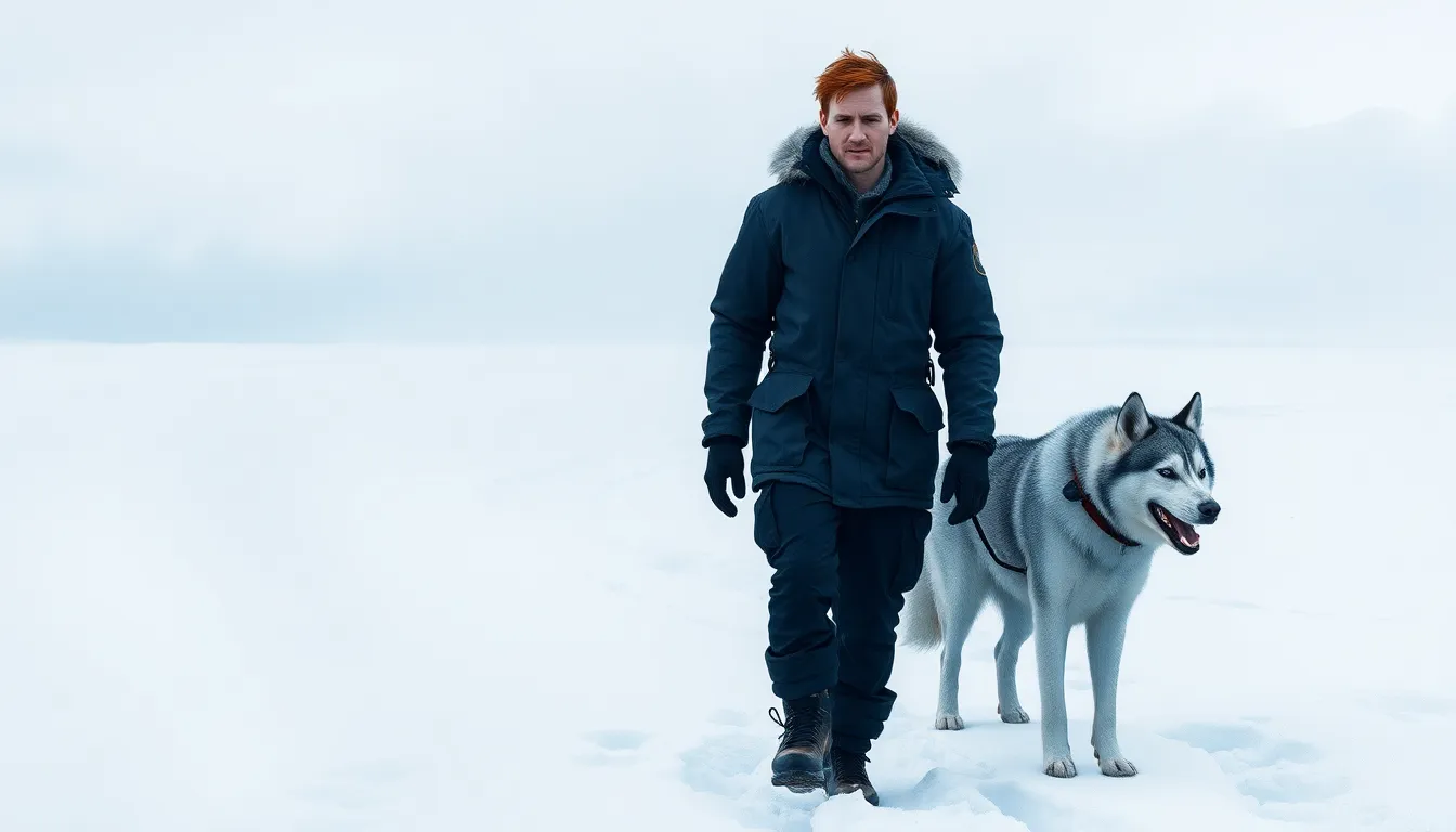 Julien et son husky Loup avançant sur un désert glacé
