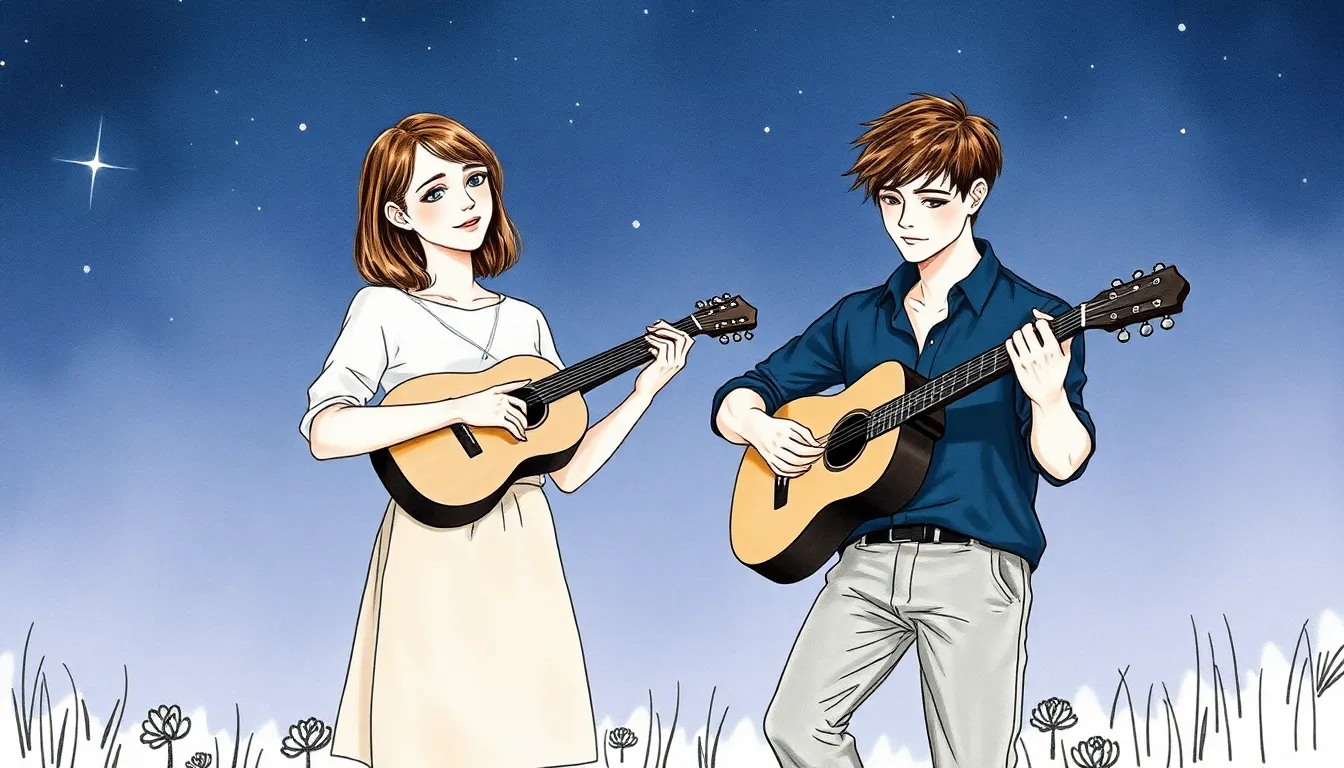 Elise et Julien jouant de la musique sous les étoiles
