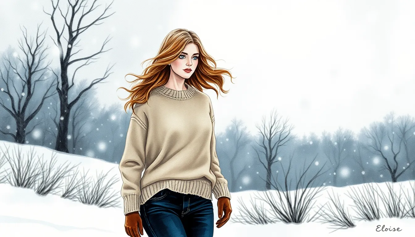 Paysage hivernal avec Éloïse marchant paisiblement