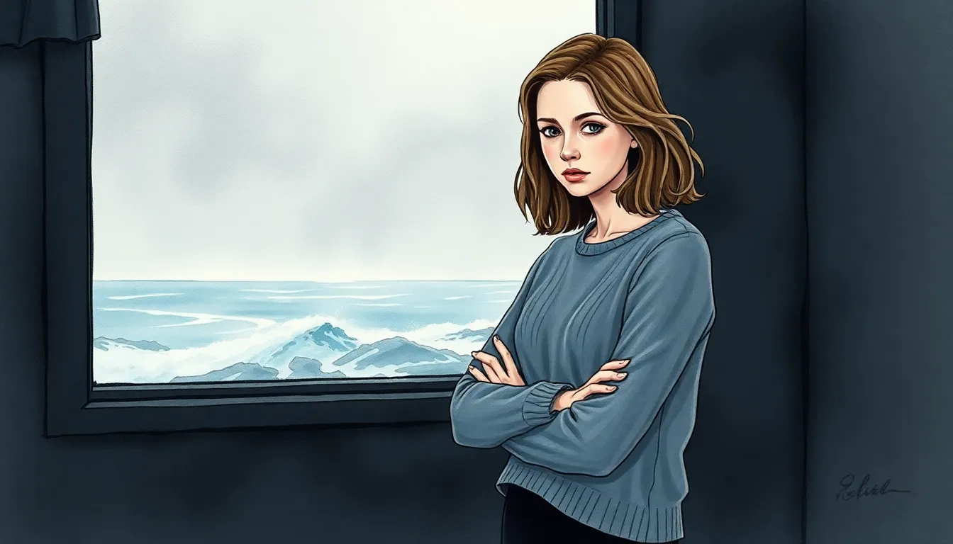 Illustration d'Élise face à la mer agitée, exprimant tristesse et détermination