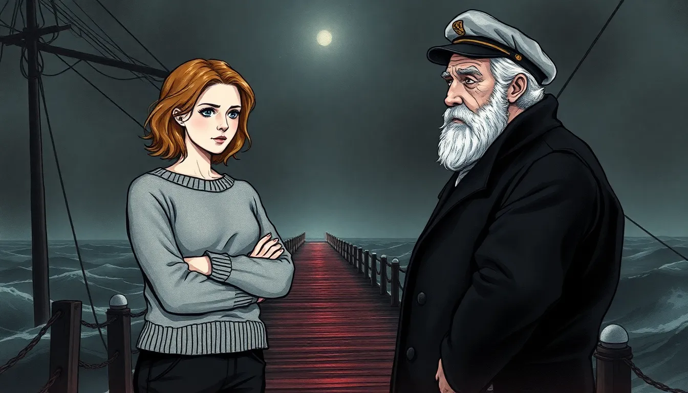 Rencontre mystérieuse entre Élise et un vieux marin au port, nuit et mer agitée en arrière-plan