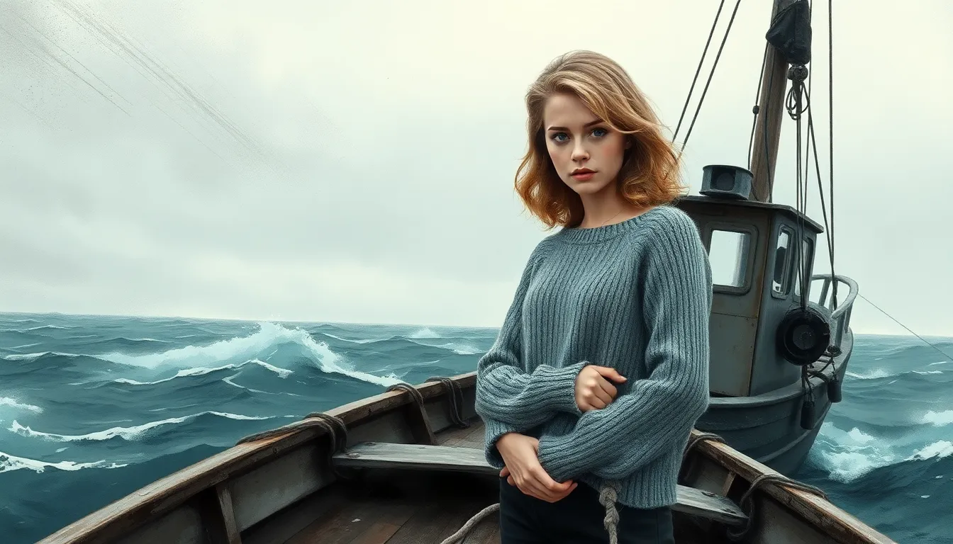 Élise sur le vieux bateau affrontant la mer agitée