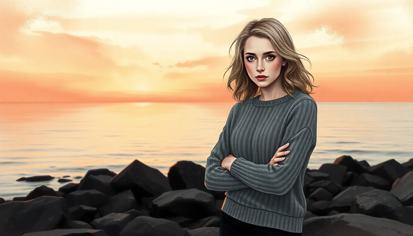 Élise sur la côte rocheuse au coucher du soleil, luttant entre douleur et résolution