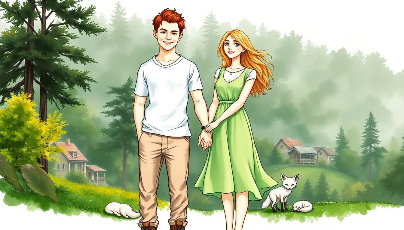 Illustration d'Adrien et Elise unissant leurs mains dans la vallée luxuriante et paisible