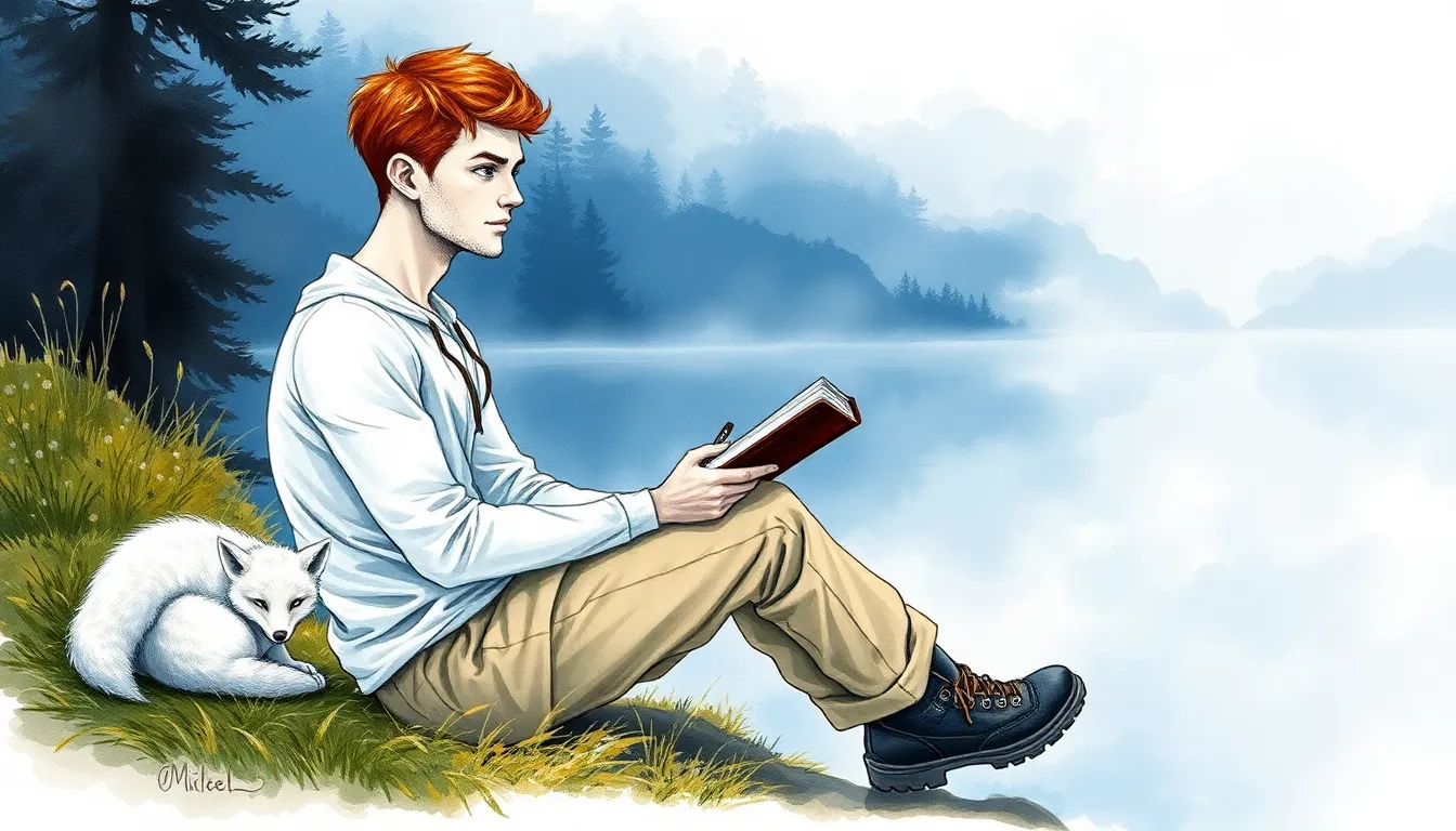 Illustration d'Adrien au bord du lac, pensif au lever du jour
