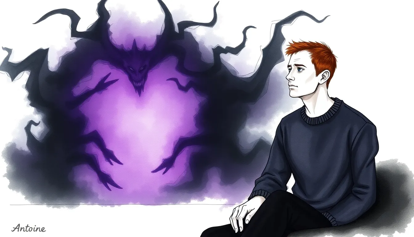 Illustration représentant Antoine en pleine introspection, entouré d'ombres et d'une lumière violette symbolique
