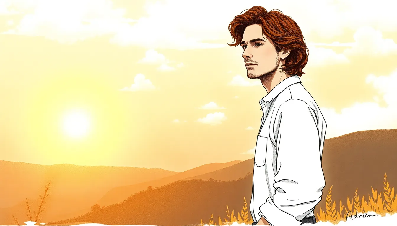 Illustration d'Adrien, paisible sur une colline au lever du jour