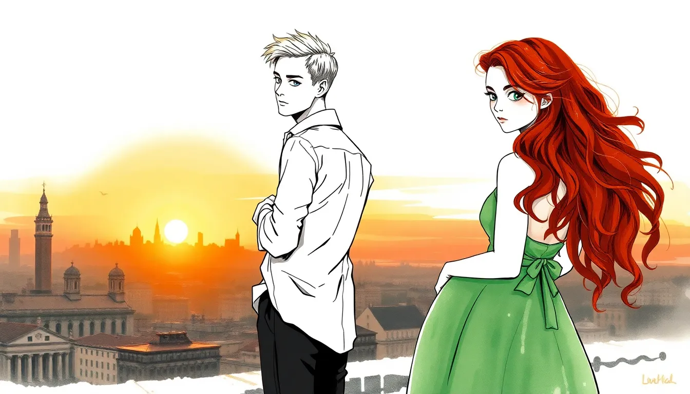 Illustration du réveil à la mélodie mystérieuse, personnages contemplant la ville au lever du soleil