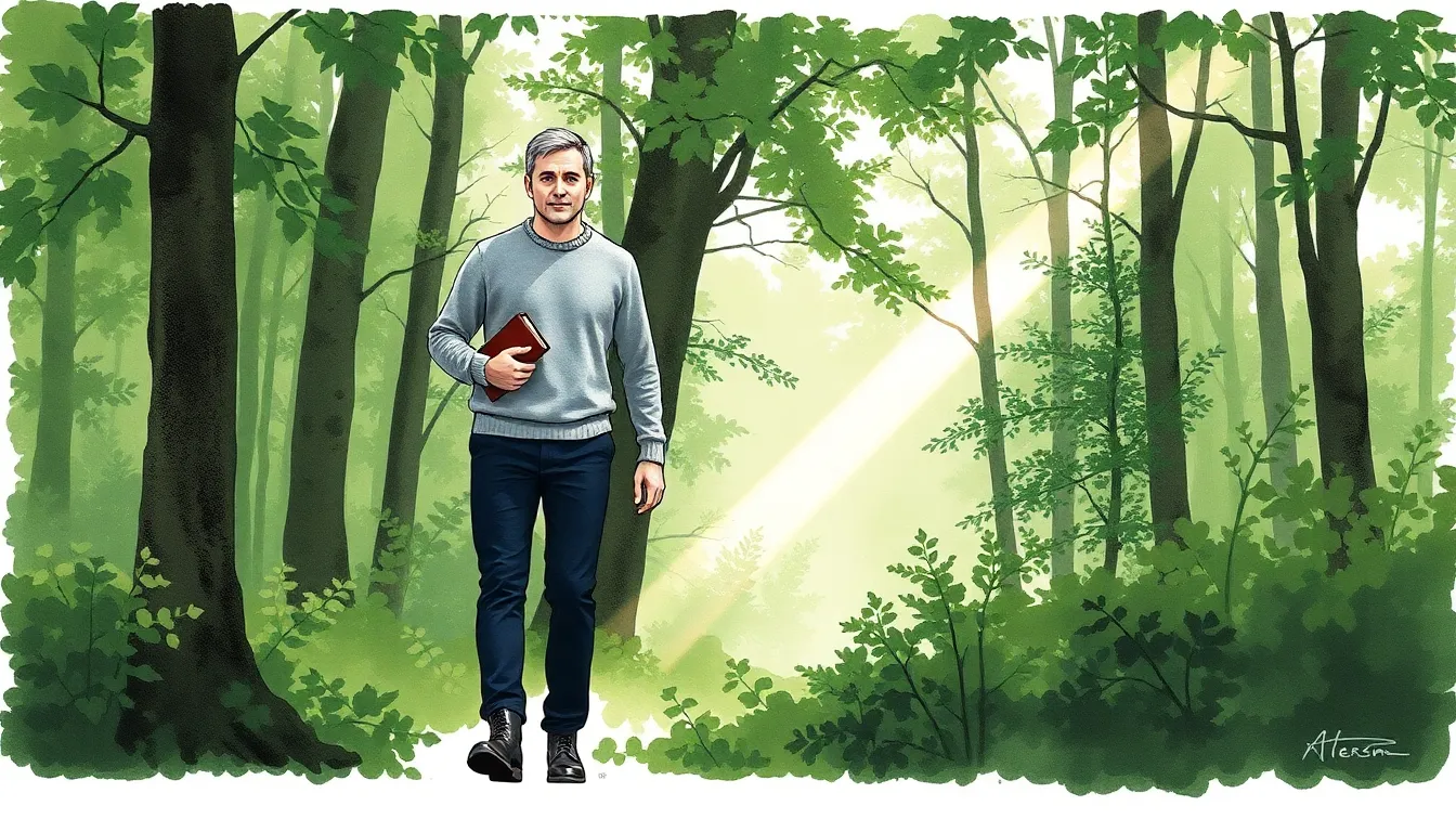 Alexandre marchant dans une forêt au lever du jour, en contemplation de la nature environnante