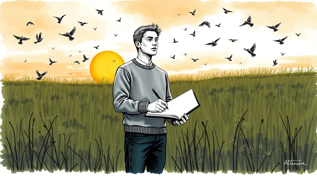 Illustration montrant Alexandre dans un pré au coucher du soleil, entouré d'oiseaux chantant