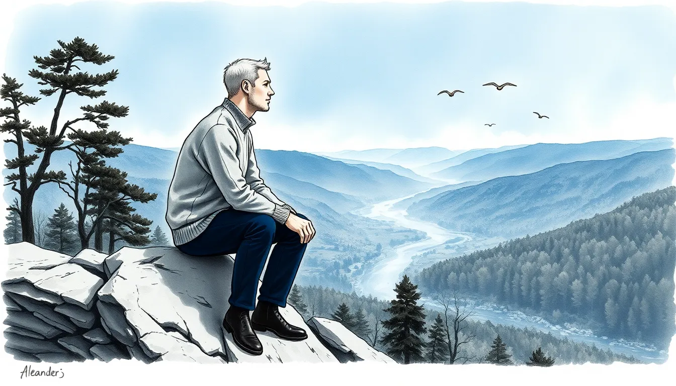 Alexandre contemplant la vallée depuis un promontoire, entouré de la nature en harmonie