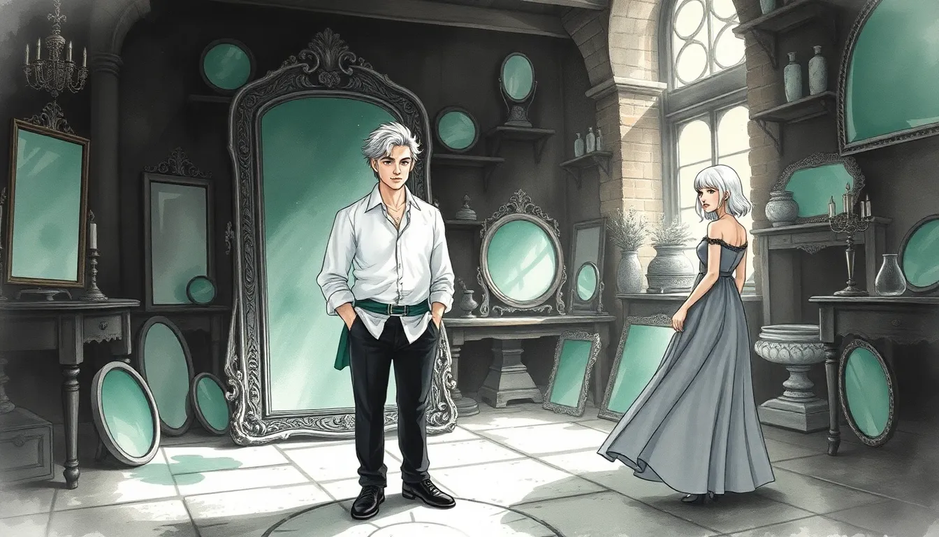 Ancien atelier avec miroirs magiques reflétant l'âme