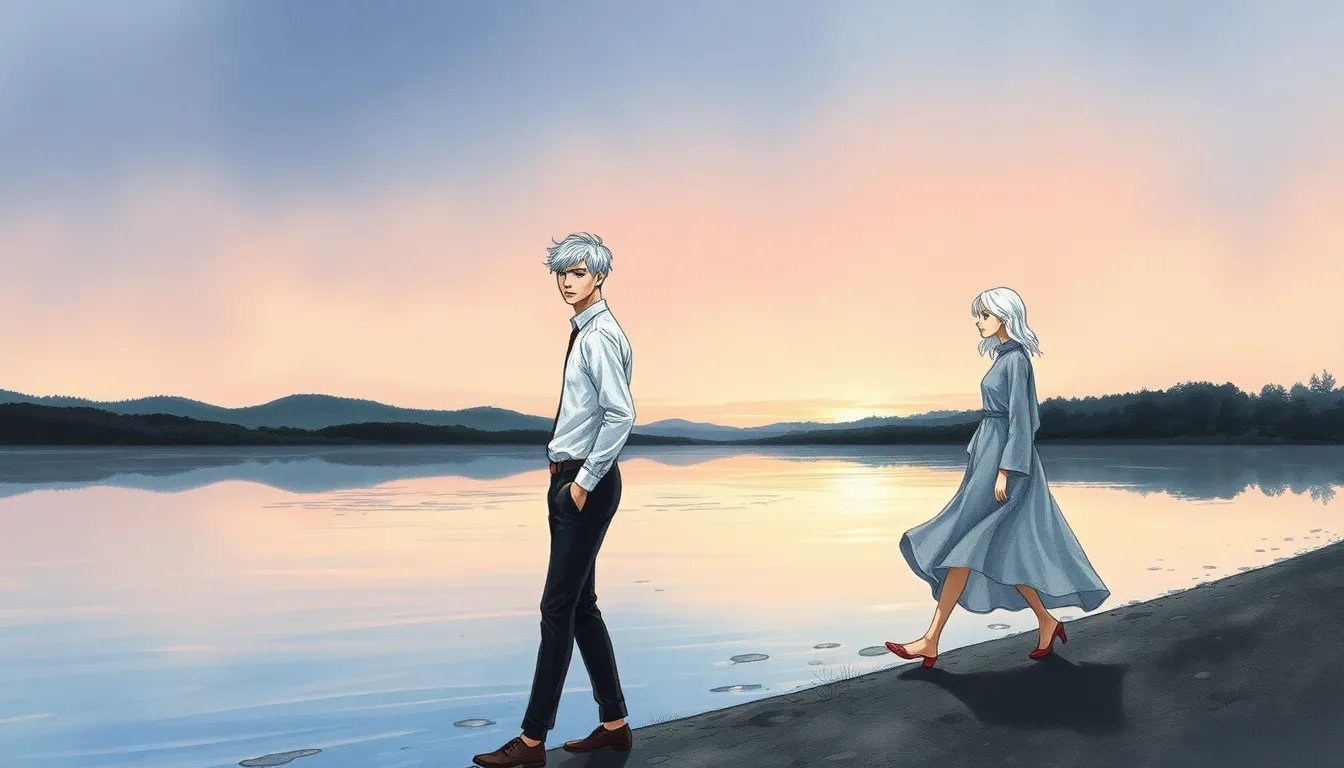 Illustration d'Adrien et Camille près d’un lac au crépuscule, mêlé aux reflets et ombres de verre