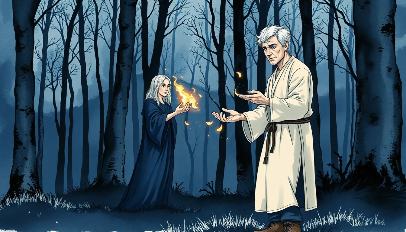 Elias apprenant la magie du feu sous la tutelle d’Iléna dans une clairière au crépuscule