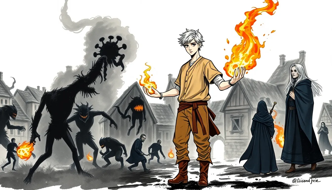 Elias tenant une flamme dans ses mains devant un village attaqué par des créatures obscures, Iléna à ses côtés