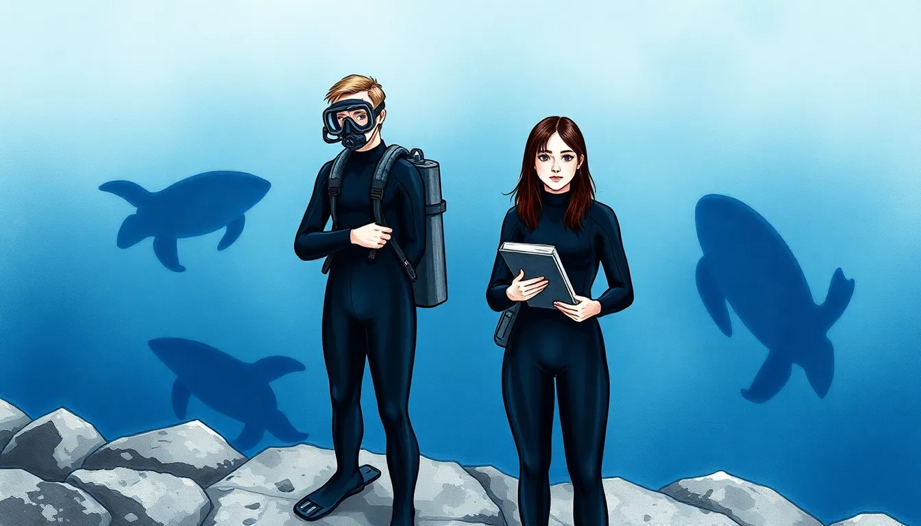 Illustration de plongeurs sur une côte rocheuse, préparant leur équipement, avec des formes mystérieuses sous l'eau