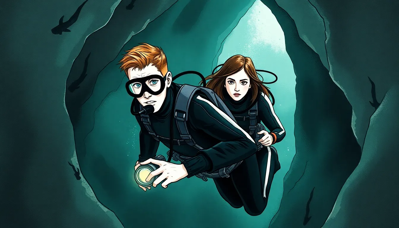 Illustration d'une exploration sous-marine dans des galeries profondes et sombres