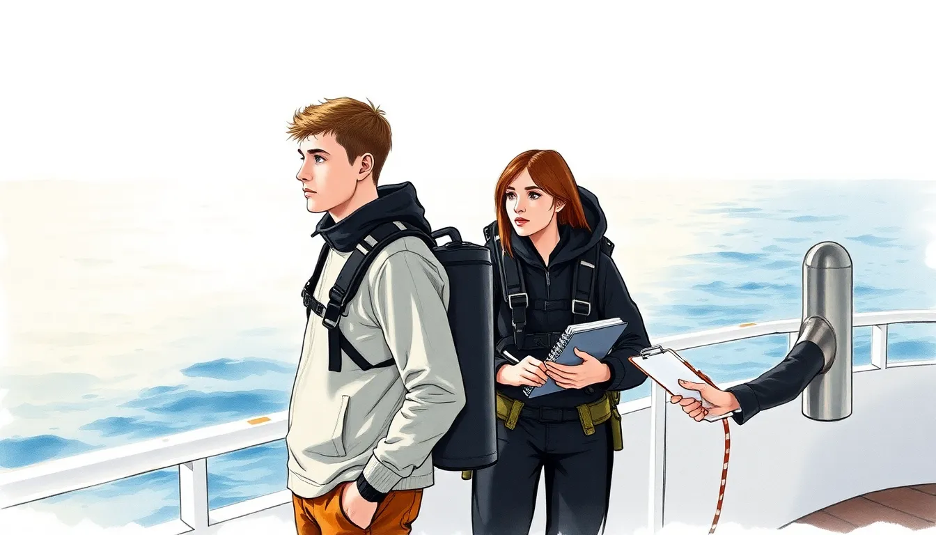 Simon et Elena réfléchissant au sommet d’un bateau, regardant l’horizon après leur plongée