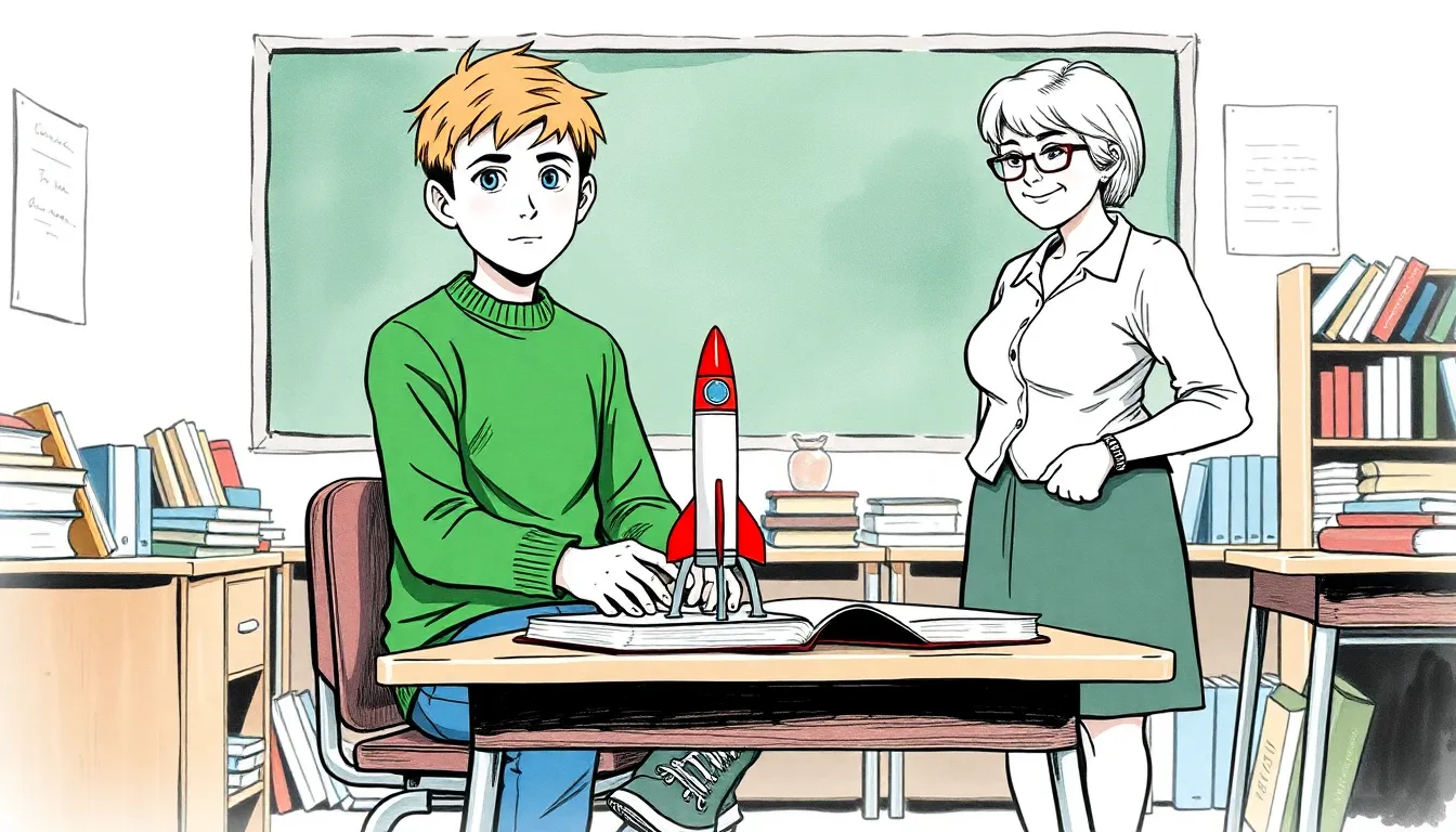Lucas étudiant avec Madame Claire dans une salle de classe, concentrés sur un modèle de fusée