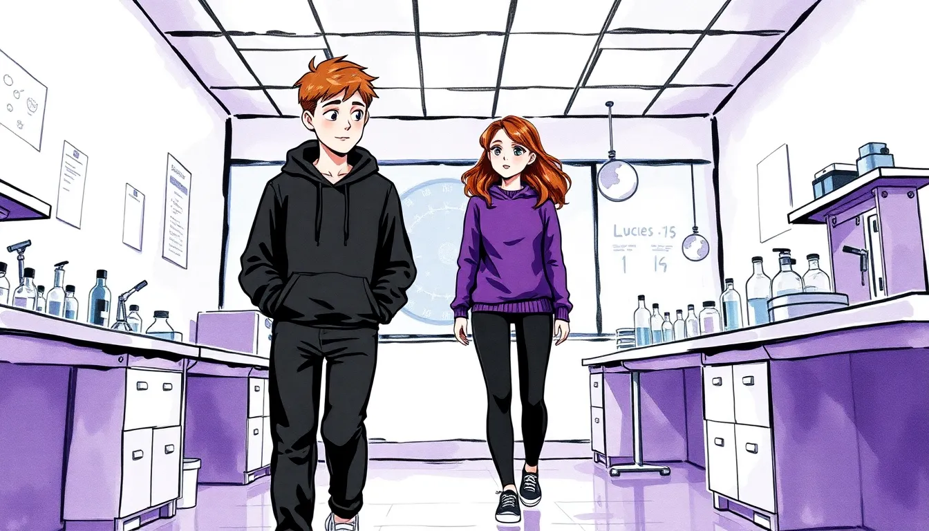 Lucas et Sophie discutant autour d'une carte stellaire dans un laboratoire scientifique