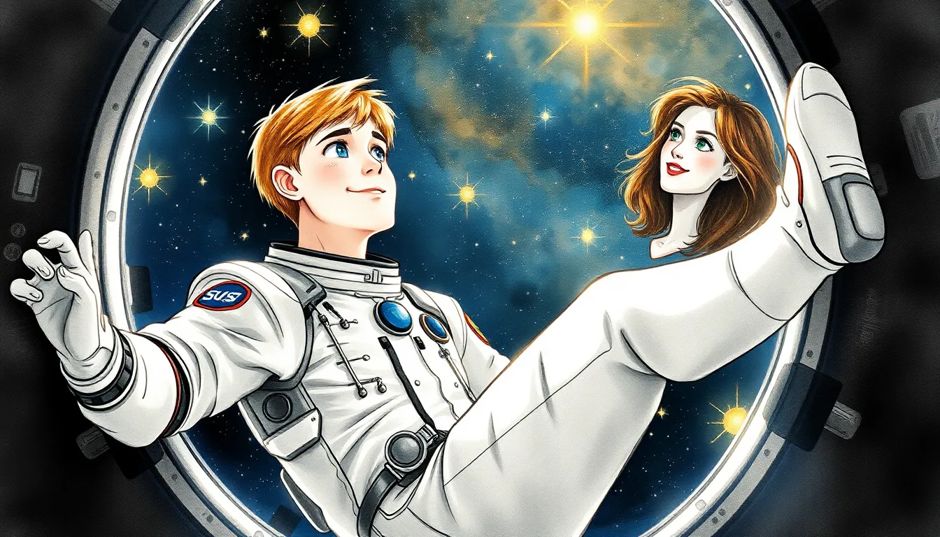 Lucas flottant dans sa combinaison spatiale, émerveillé par la beauté du cosmos