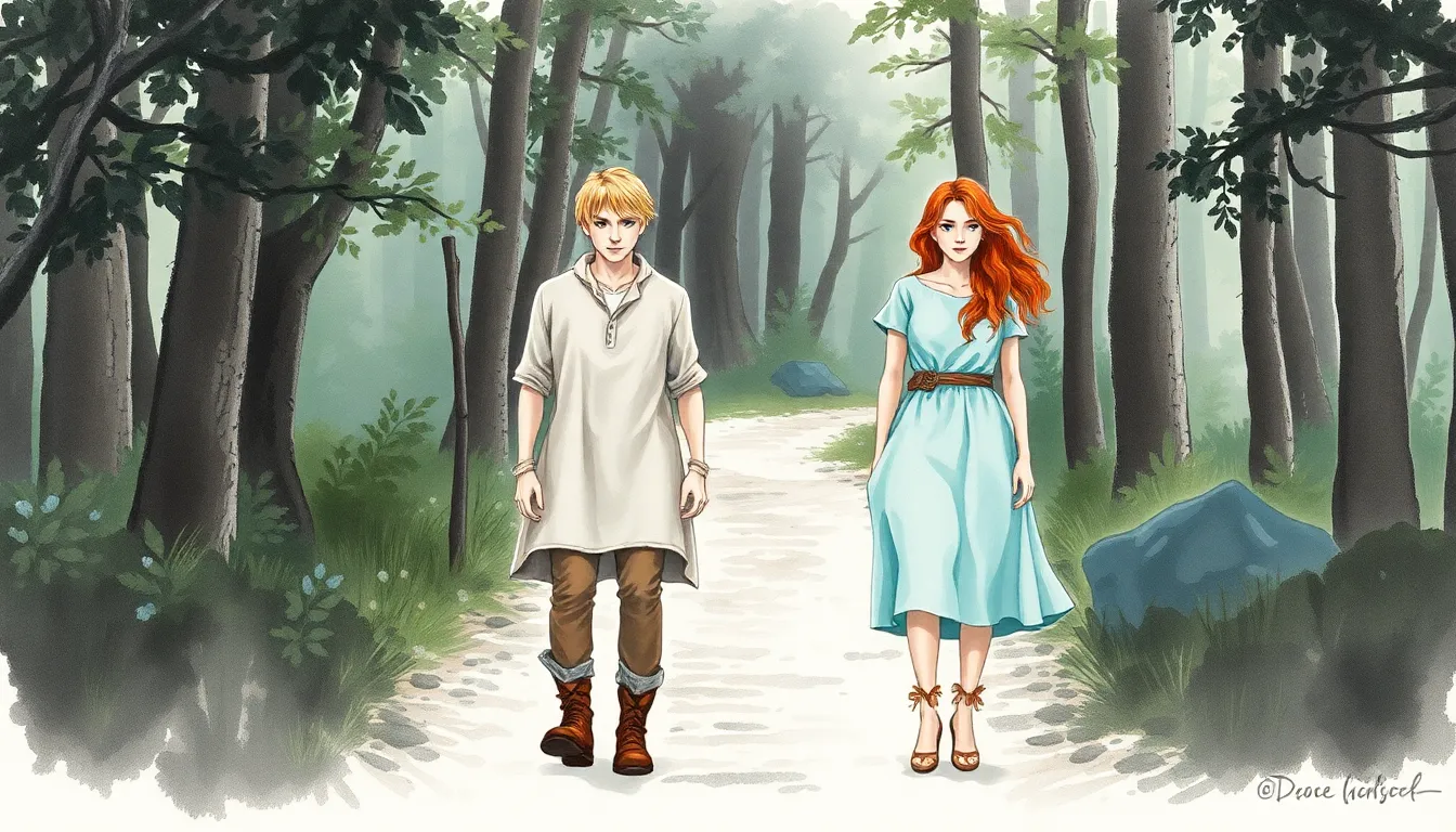 Élias et Lyra marchant silencieusement sur un chemin forestier, leurs regards perdus dans la réflexion