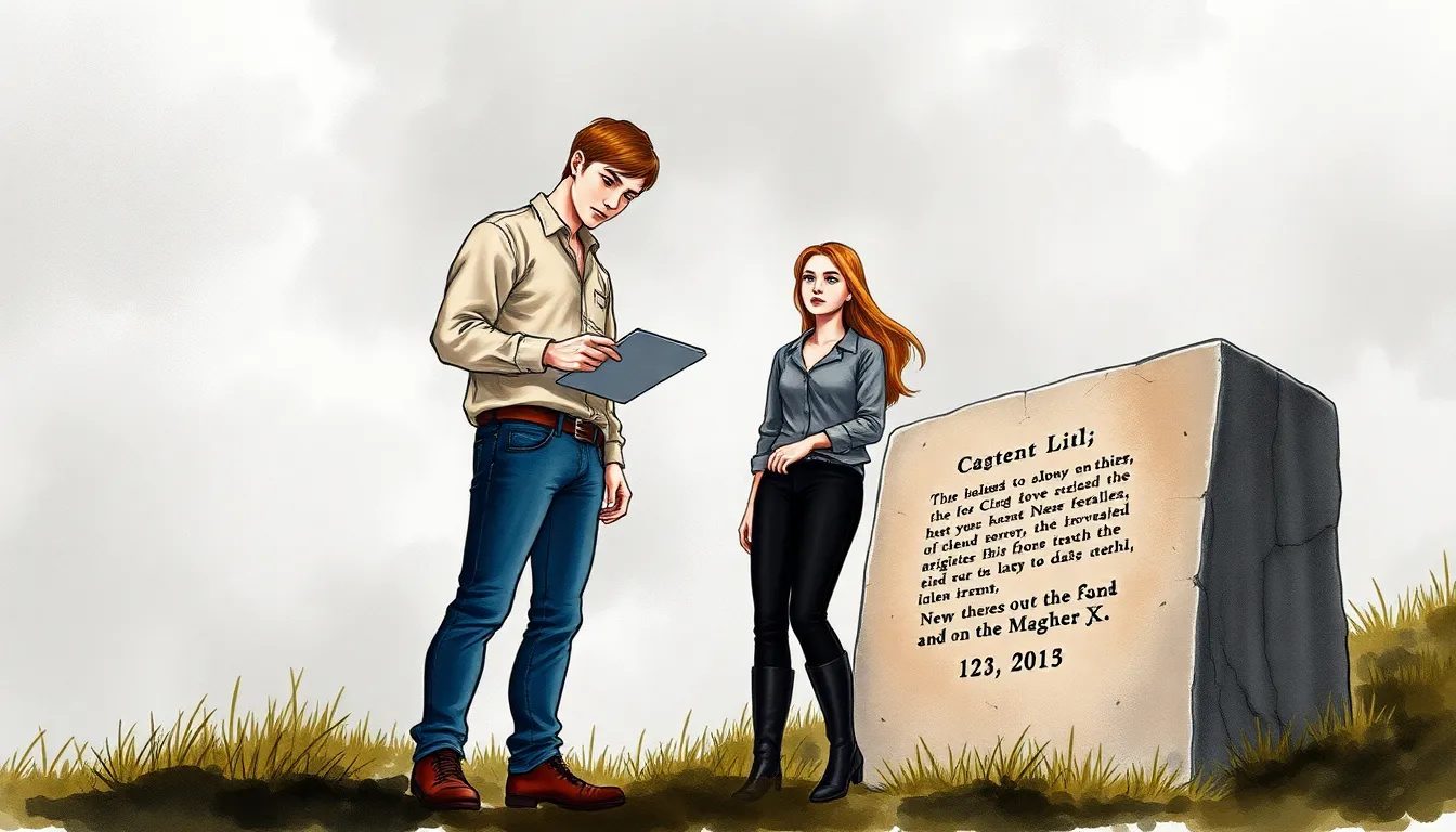 Clément et Sylvie découvrant une inscription ancienne gravée dans la pierre sous un ciel nuageux