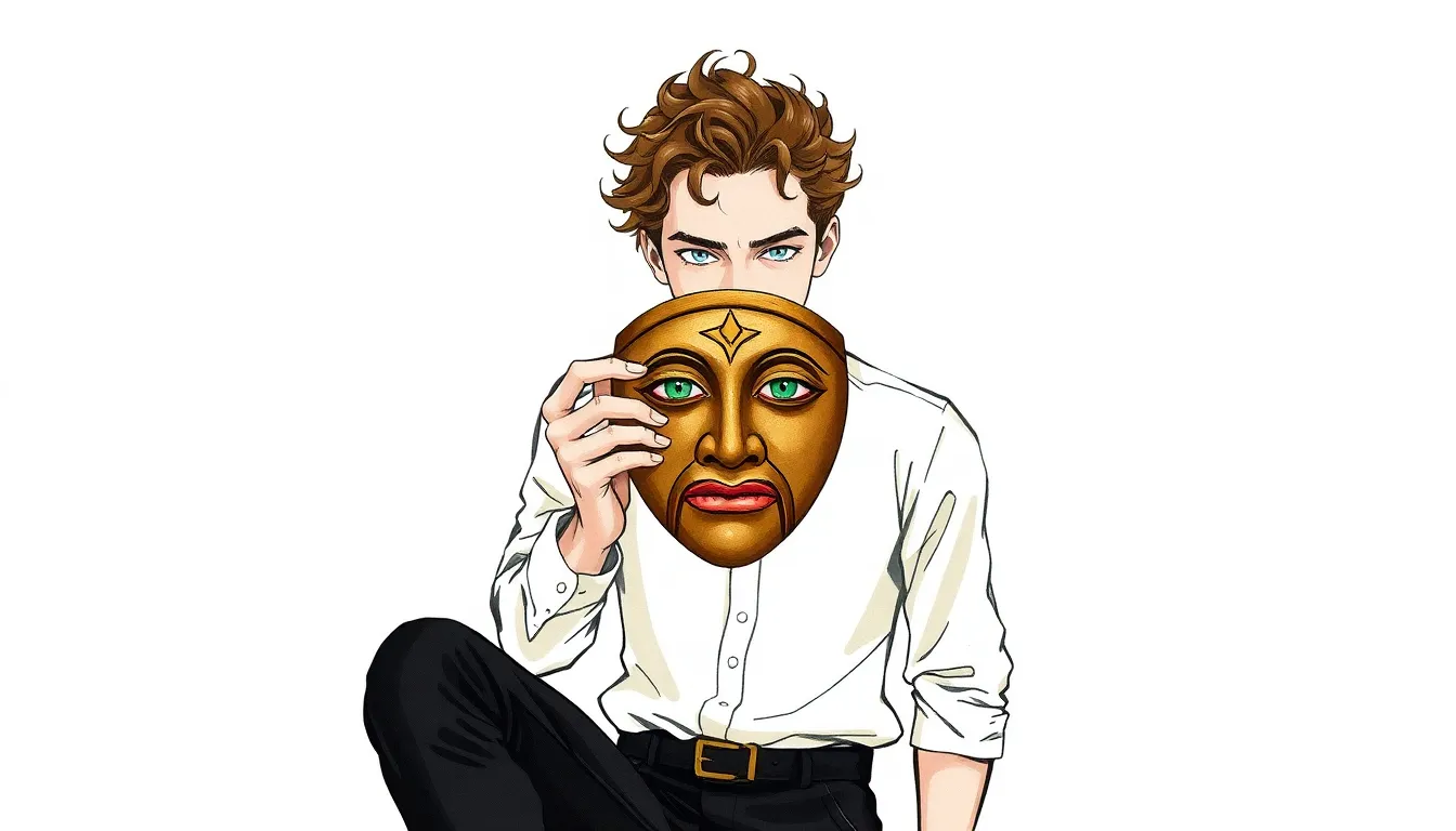 Julien tenant le masque ancien avec une expression paisible entouré d'une lumière douce symbolisant l'acceptation et la force intérieure