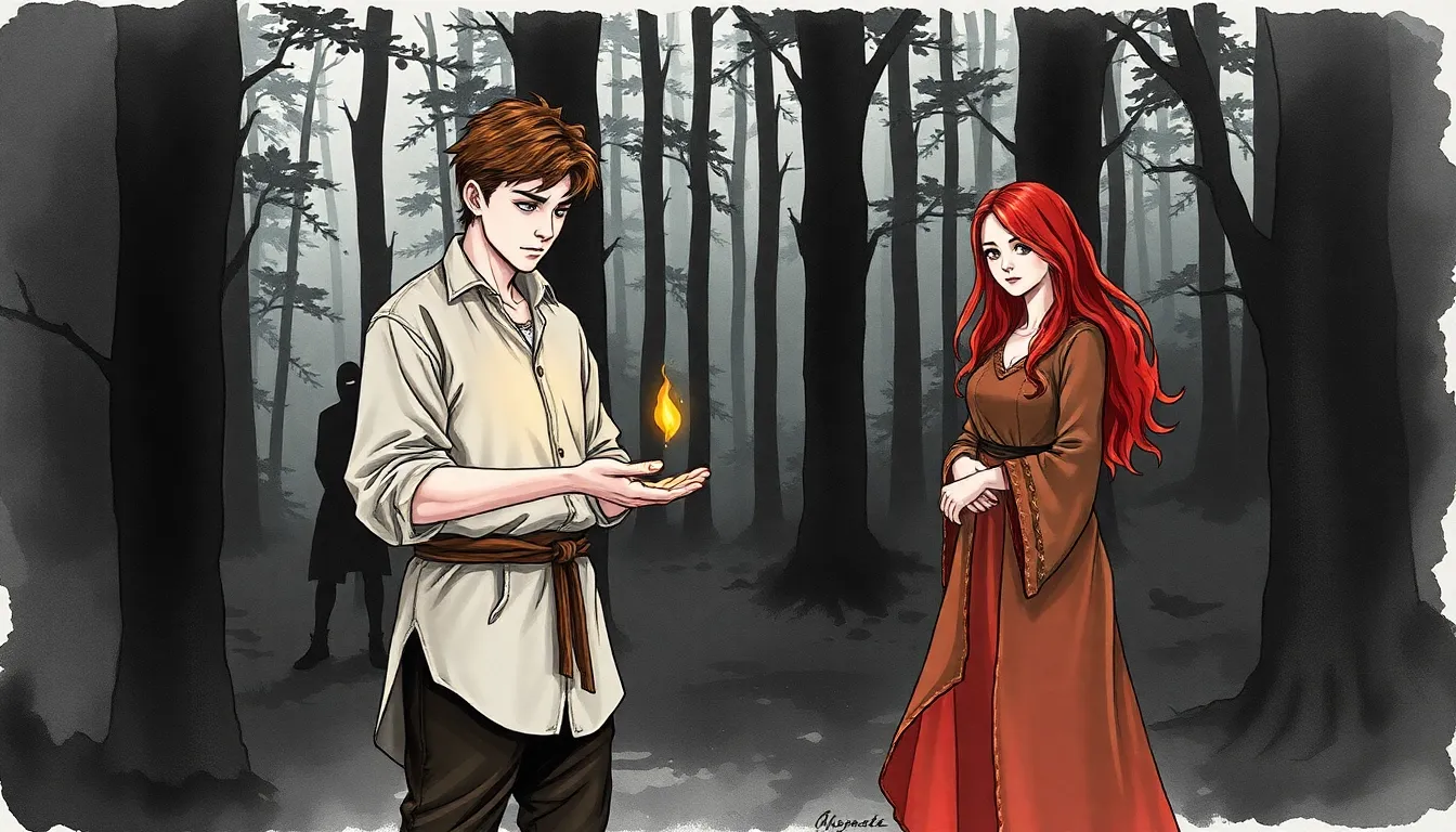 Aélian maîtrisant une petite flamme dans la forêt, sous le regard attentif de Lysandra, alors qu'une silhouette mystérieuse observe à distance.