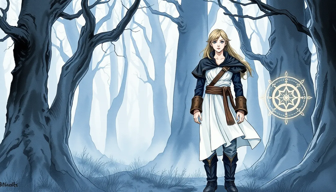 Elian et Alina dans la forêt mystérieuse entourée de symboles anciens