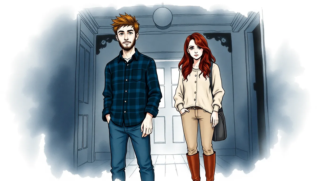 Illustration de l'installation mystérieuse dans une vieille demeure, Marc et Julie observant l'intérieur sombre de la maison